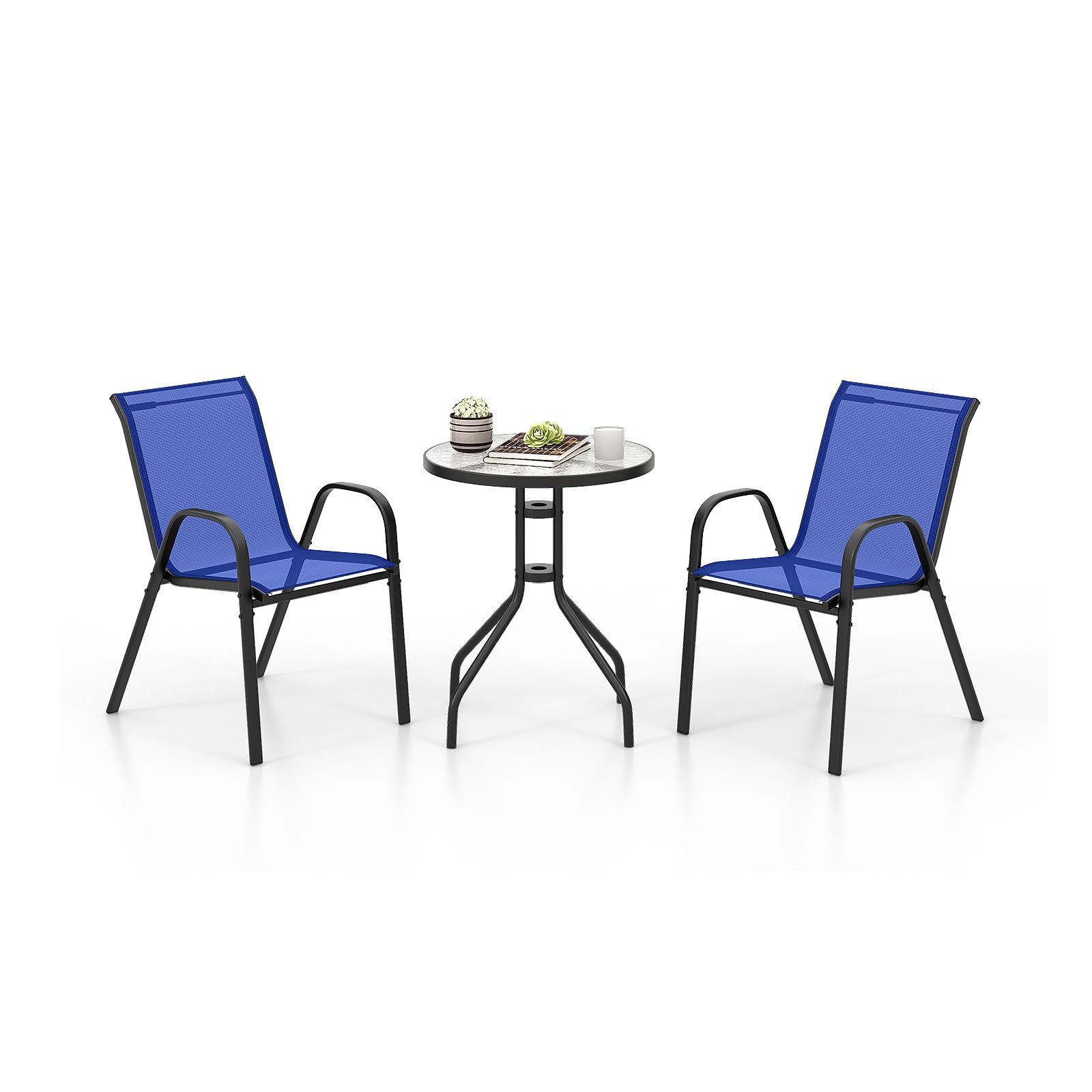 GOPLUS 3-częściowy zestaw mebli bistro, średnica stołu Ø60 cm, stół bistro z 2 składanymi krzesłami, meble balkonowe w zestawie ze szklanym stołem i krzesłami bistro, zestaw mebli ogrodowych na balkon