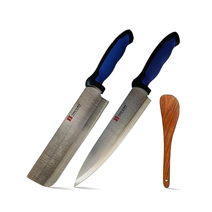 Ying Guns Premium Stainless Steel Multi-parpose Knife (Cleaver 7x2 and Chef Knife 8x1.6) Combo Pack of 2 and 1 Free Woodern Thava Spoon for Cutting Meat,Fish,Vegetable