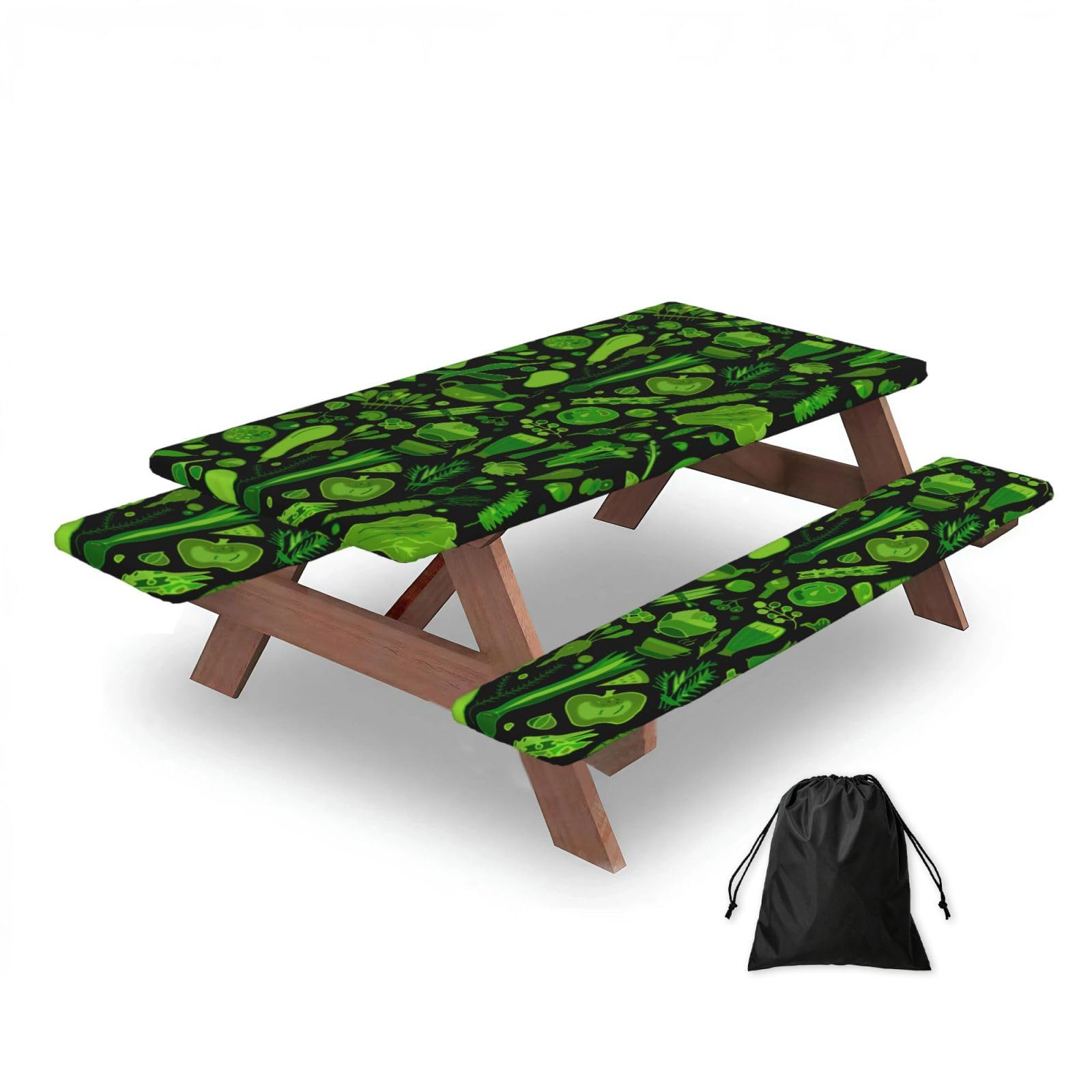 Dopklna As Picture Green Vegetables Pattern, Picnic Table Cover With Bench Covers -Waterproof Elastic Fitted Tablecloth For Garden Camping Patio 76X152cm