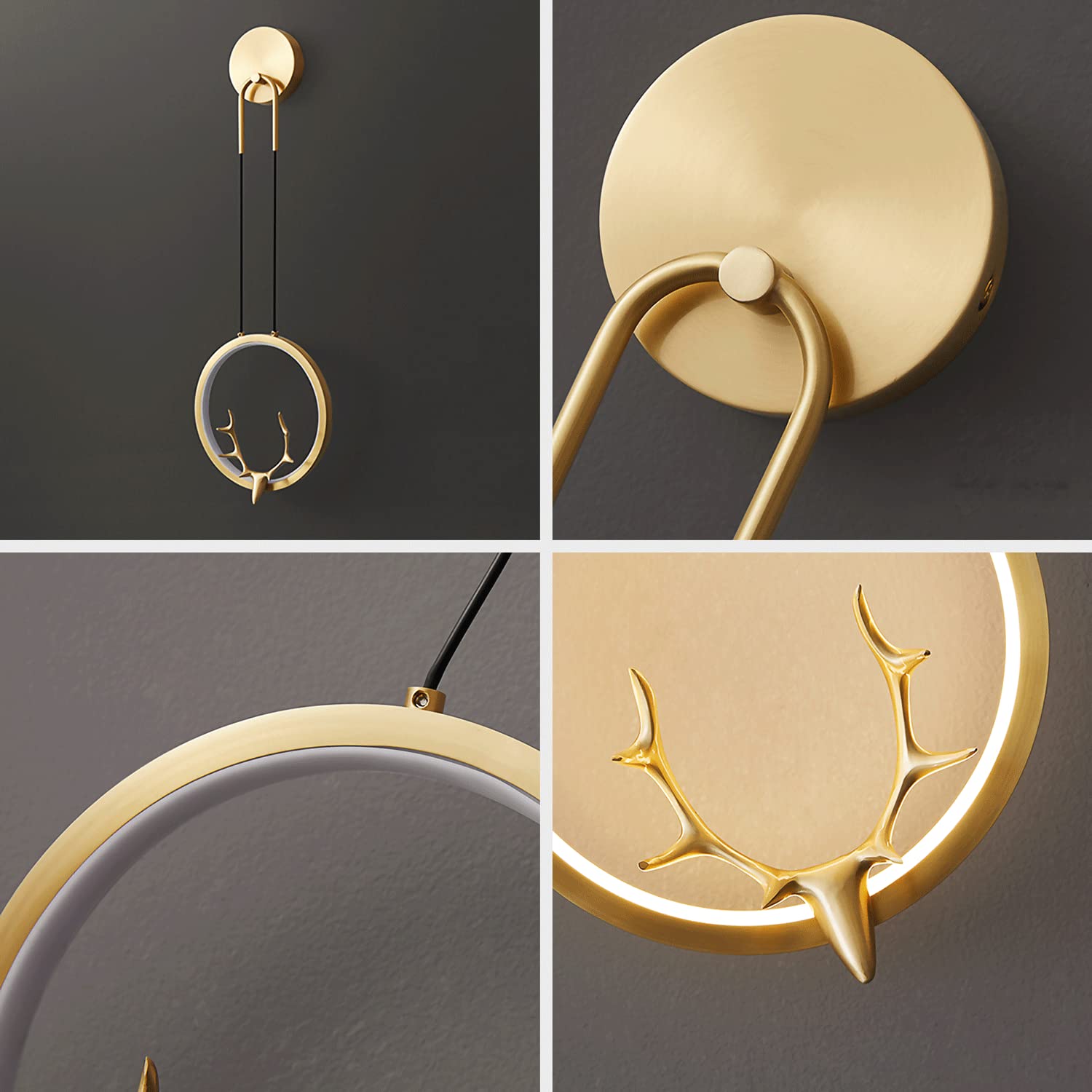 Lampade da Lettura da Comodino per Camera da Letto, Lampada ad Anello da Parete, Applique Decorativa in Ottone a Forma di Corna, Illuminazione Moderna a LED da 10W, luci per Soggiorno a 3 co