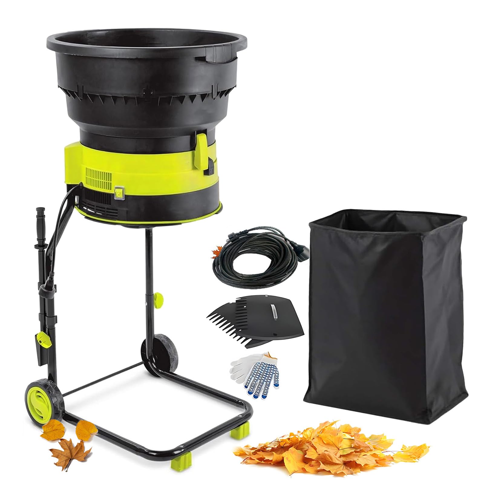 Trituradora eléctrica de hojas de 2500 W con ruedas y bolsa de almacenamiento, trituradora de jardín con tolva de 54 cm, tasa de trituración 17:1 para hojas, hierba y residuos de jardín, alambre de 60
