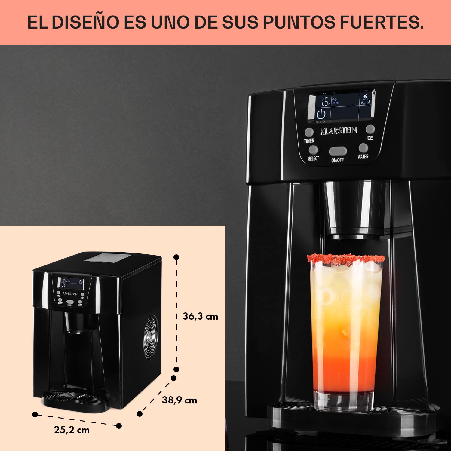 Klarstein Maquina de Hielo para Encimera, Maquina Hacer Cubitos de Hielo Domestica, Producción 12 kg., Depósito Agua Capacidad 2 l. Dispensador Agua Fría, Ice Maker Sobremesa, Máquina Cubitos de Hielo