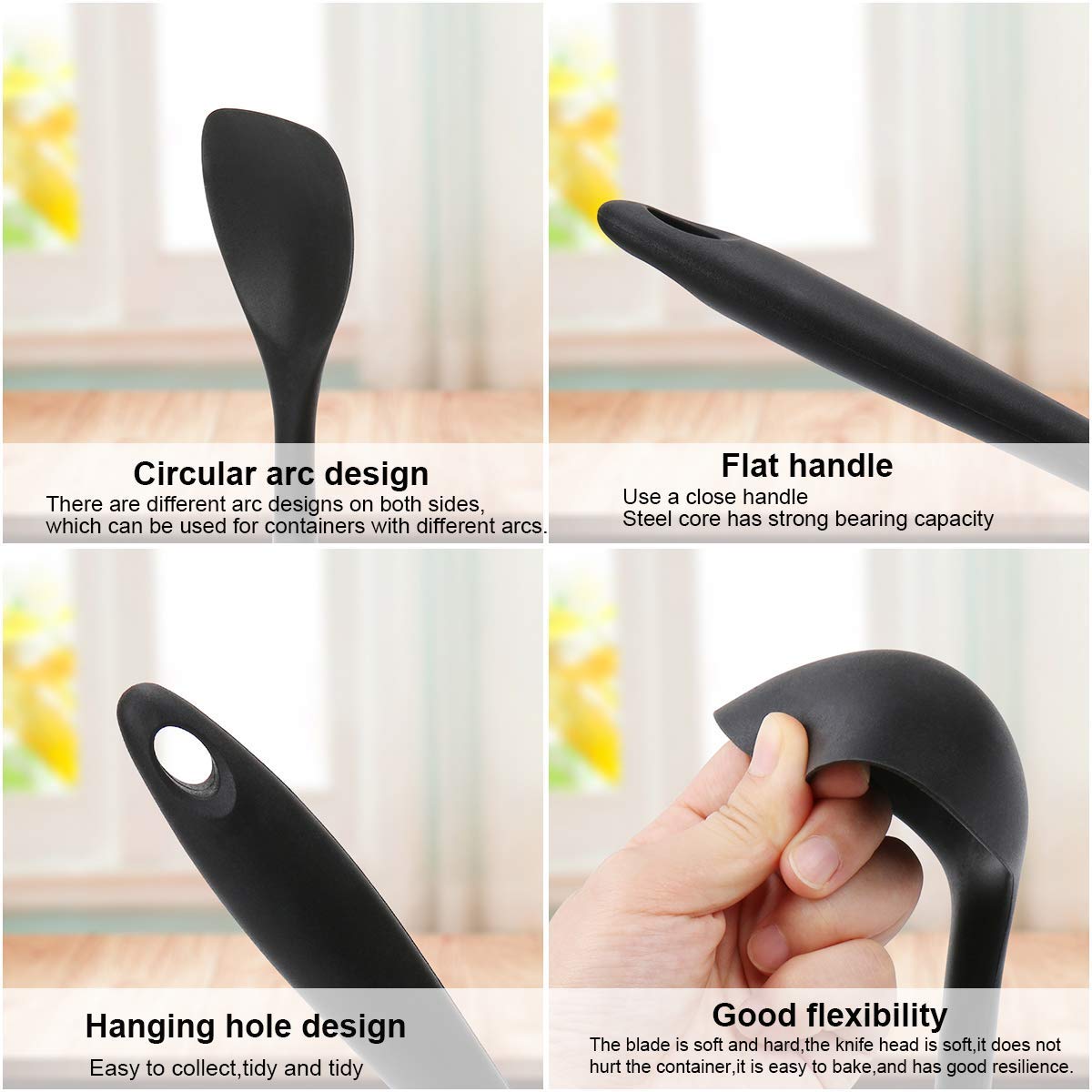 FJNATINH Set 4 Spatole In Silicone – Cucchiaio, Schiumarola E Spatola | Manico In Acciaio E Legno | Rivestimento Titanio Antiaderente