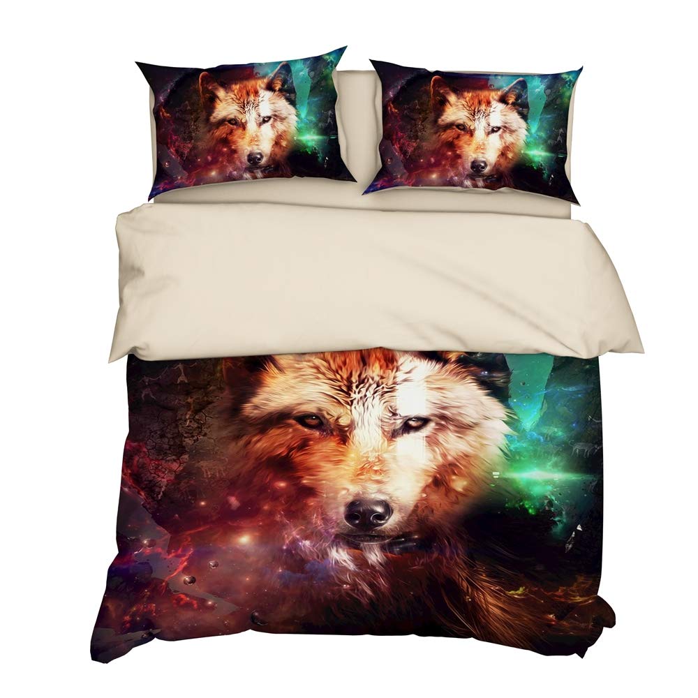 Friclui Green and Red Galaxy Bedding 3D Galaxy and Wolf Print Shinning Outer Space Duvet Cover and 2 Pillow Cases (3PCS,King Size),Queen225x225