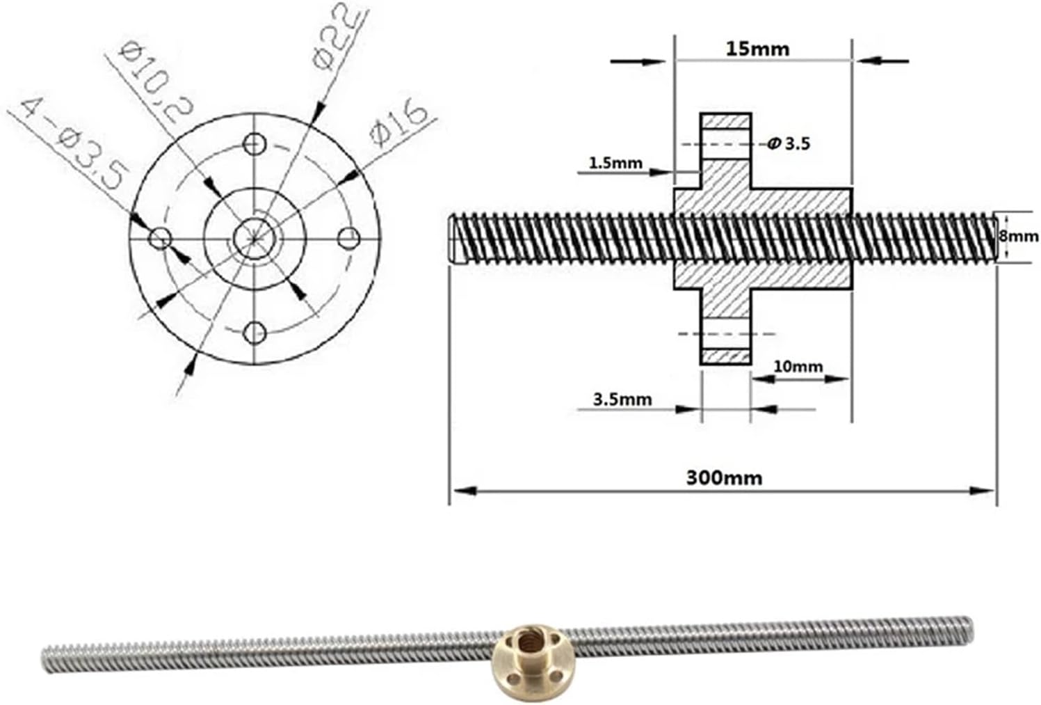 3D Printer Accessories T8 Lead 8mm Screw Nut T-Screw Engraving Stepper Motor Trapezoidal Stainless Steel Lead Screw (Color : Lead 8 250mm)