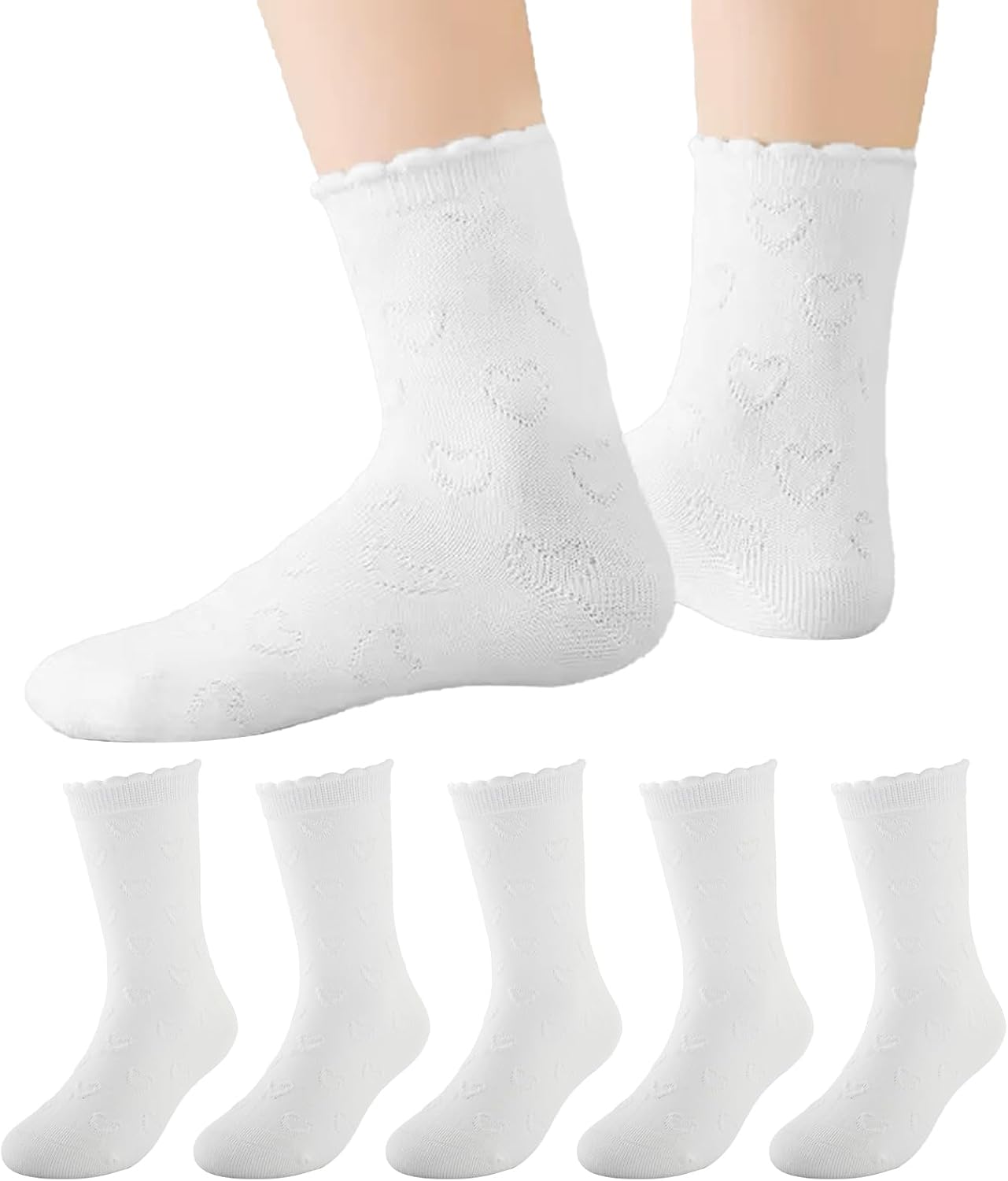 BONANGEL Girls Ruffle Socks, 5 Pairs White Frilly Ruffled School Uniform Cotton Dress Crew Socks for Girls 4-12 Years
