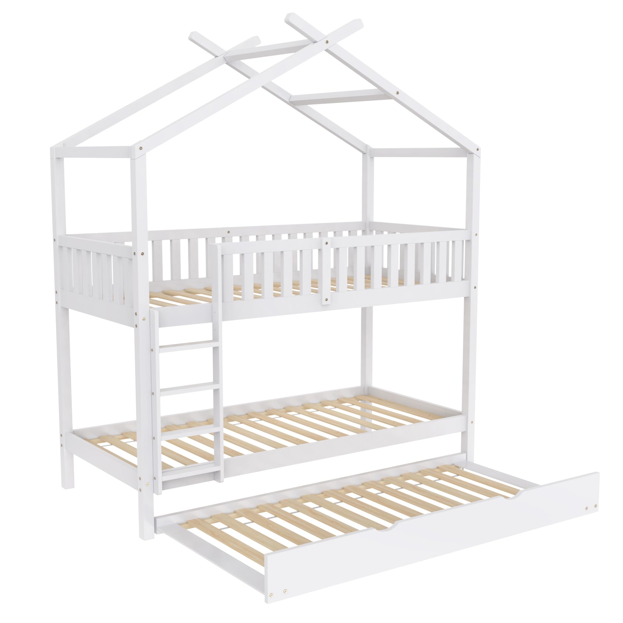 Azkoeesy Letto a Castello con Letto Estraibile per 3 bambini, design a forma di casa, con scale di sicurezza e protezione anticaduta, base per 3 letto, legno di pino, bianco - N634W0001A
