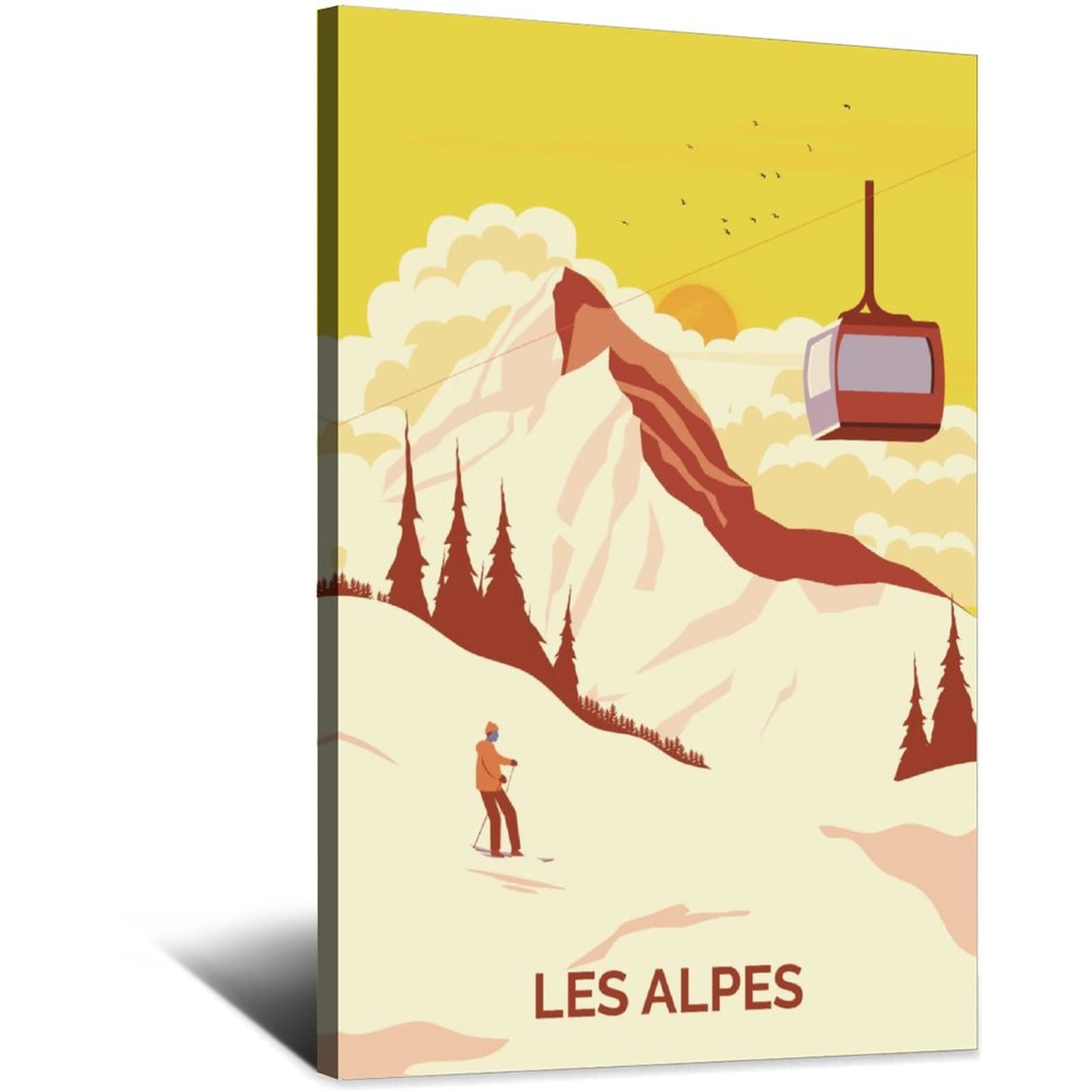 Set De 3 Tableaux Déco Ski Vintage Sur Toile 40x60 Cm - Affiches Hiver Montagne Neige, Sans Cadre - 5