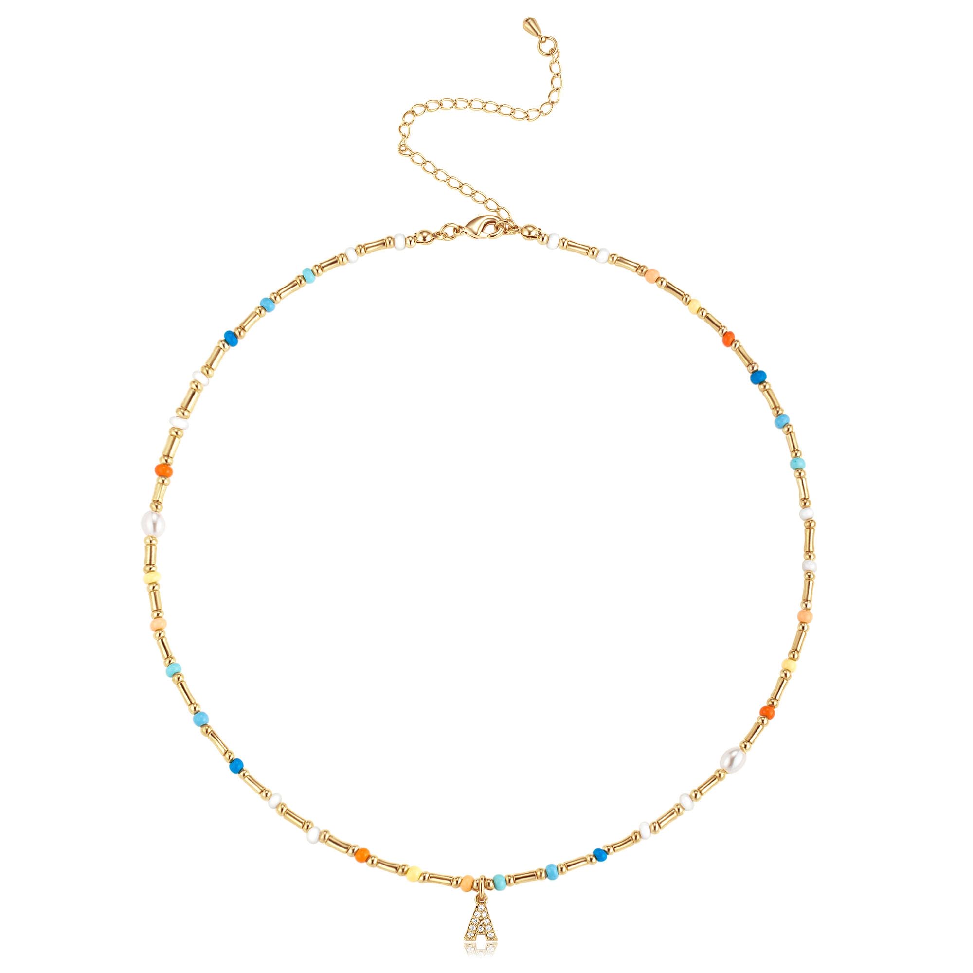 BYIA Initial Necklace for Women Trendy Colorful Beaded Choker Necklace 14k Gold Plated Letter Pendant Gold Jewelry
