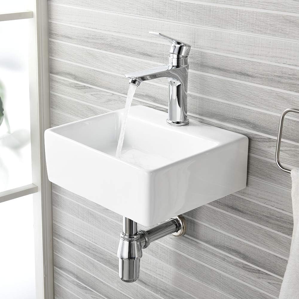 16x12 Inch Wall Mount Ceramic Bathroom Sink - Rectangle Vessel Sink with Faucet Hole, Perfect for Small Bathrooms