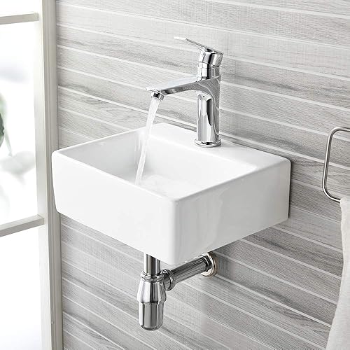 Miniatura 3 de Fregadero de baño de cerámica de montaje en pared de 16 x 12 pulgadas, fregadero rectangular con orificio para grifo, perfecto para baños pequeños