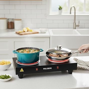 Wellberg Double Coil Electric Cooktop 2000W with Independent Switch Control, Stainless Steel Heating Plate, Dual Burner Hot Plate for Simmer Cooking, Portable Kitchen Appliance