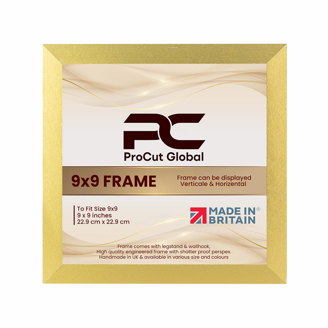 Procut Global 9X9 Gold Picture Frames – Sleek Wooden Photo Frame with Shatterproof Perspex for Wall or Tabletop – Perfect for Posters, Certificates, Prints–Multiple Sizes & Colors Available