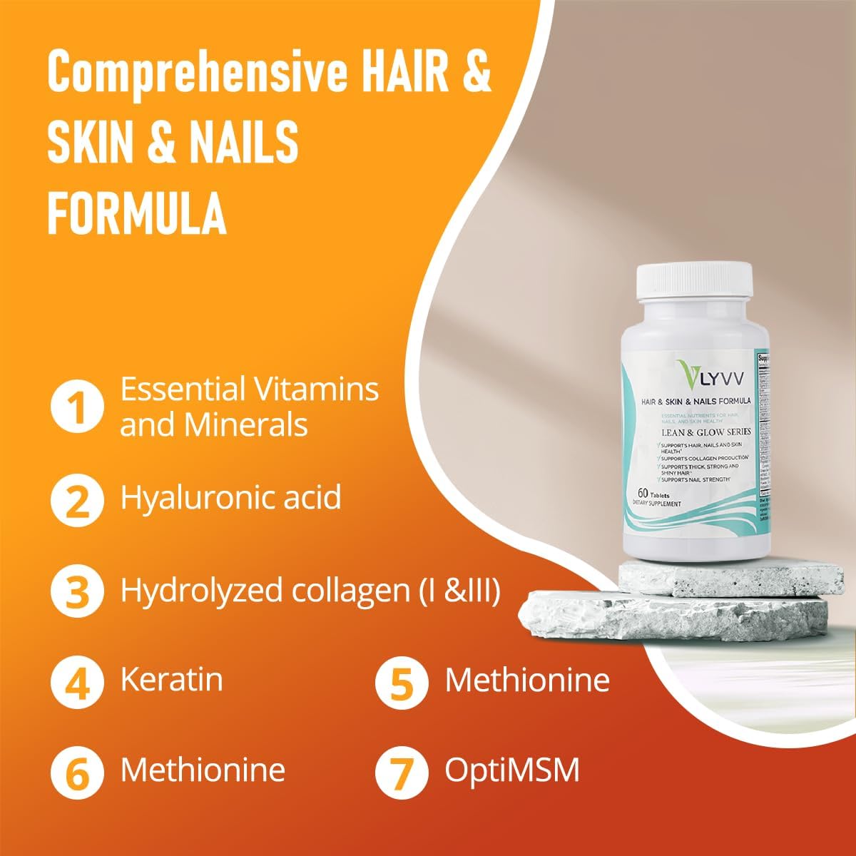 Lyvv Hair&Skin&Nails Formula with Collagen, Keratin, Hyaluronic Acid,Methionine, Biotin, and More - 60 Capsules