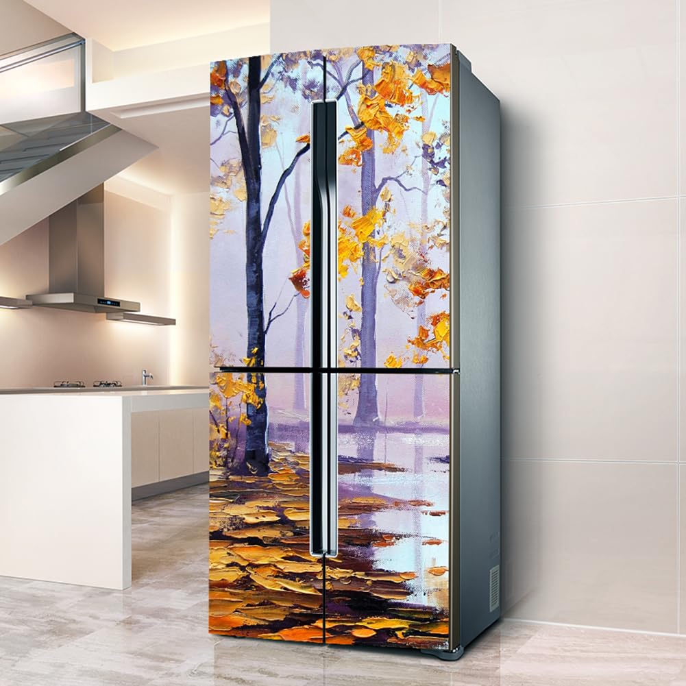 VHcgCGJ Fridge magnet, Full Covering, Freezer Skins Wall Stickers for Kitchen Decal, Oil Painting Tree Forest Scenery(L: 100x180 cm)