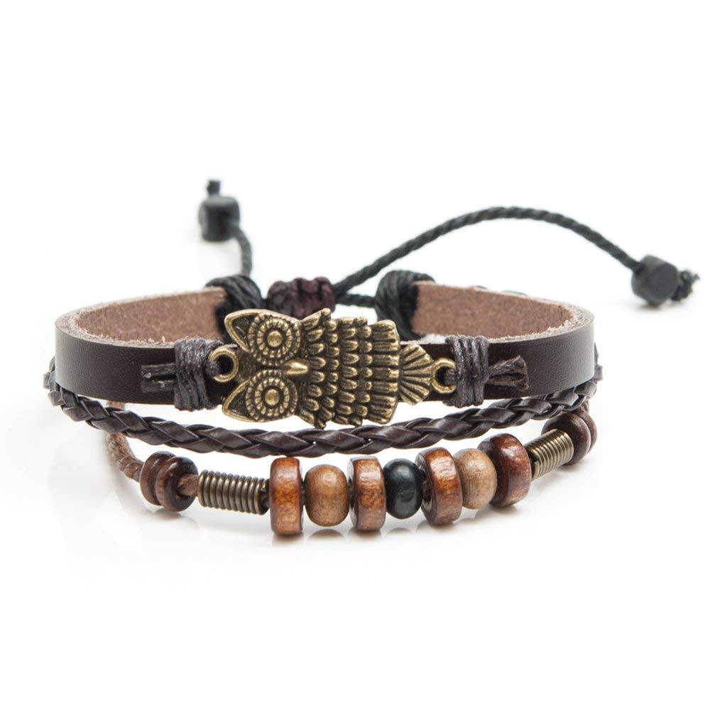 SisFrog Owl Layers Vintage Leather Bracelet Wood Beads Leather Wristbands for Men & Women (Brown)