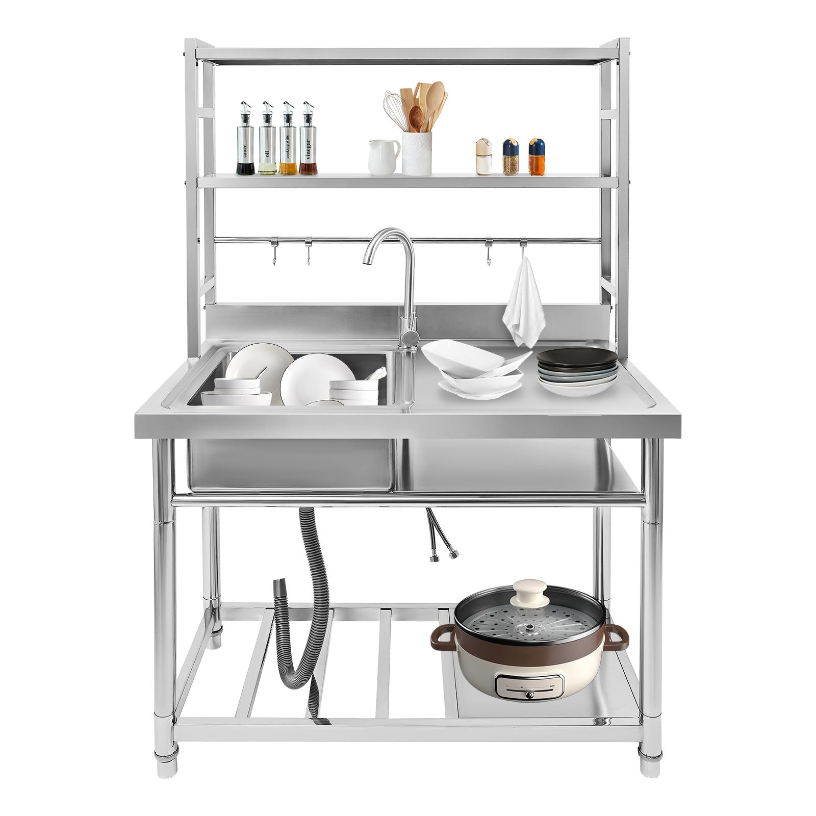 Évier de cuisine sur pied en acier inoxydable avec robinet et 4 crochets, 1 bac, pour cuisine, jardin, extérieur, atelier, buanderie (gauche)