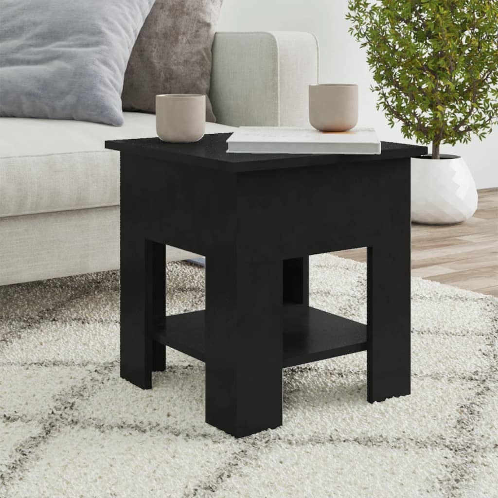 Mesa de centro negra 40 x 40 x 42 cm de material de madera con estante, diseño moderno, mesa auxiliar robusta con espacio de almacenamiento para salón, dormitorio, pasillo