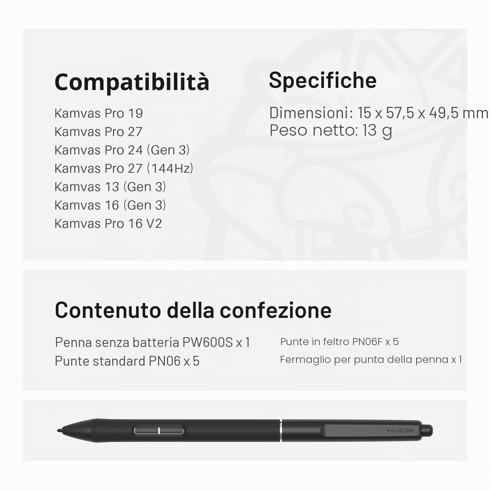 Penna slim senza batteria PW600S, supportata da Huion PenTech 4.0, compatibile con Kamvas 13 (Gen 3), Kamvas 16 (Gen 3), Kamvas Pro 19 e Kamvas Pro 27
