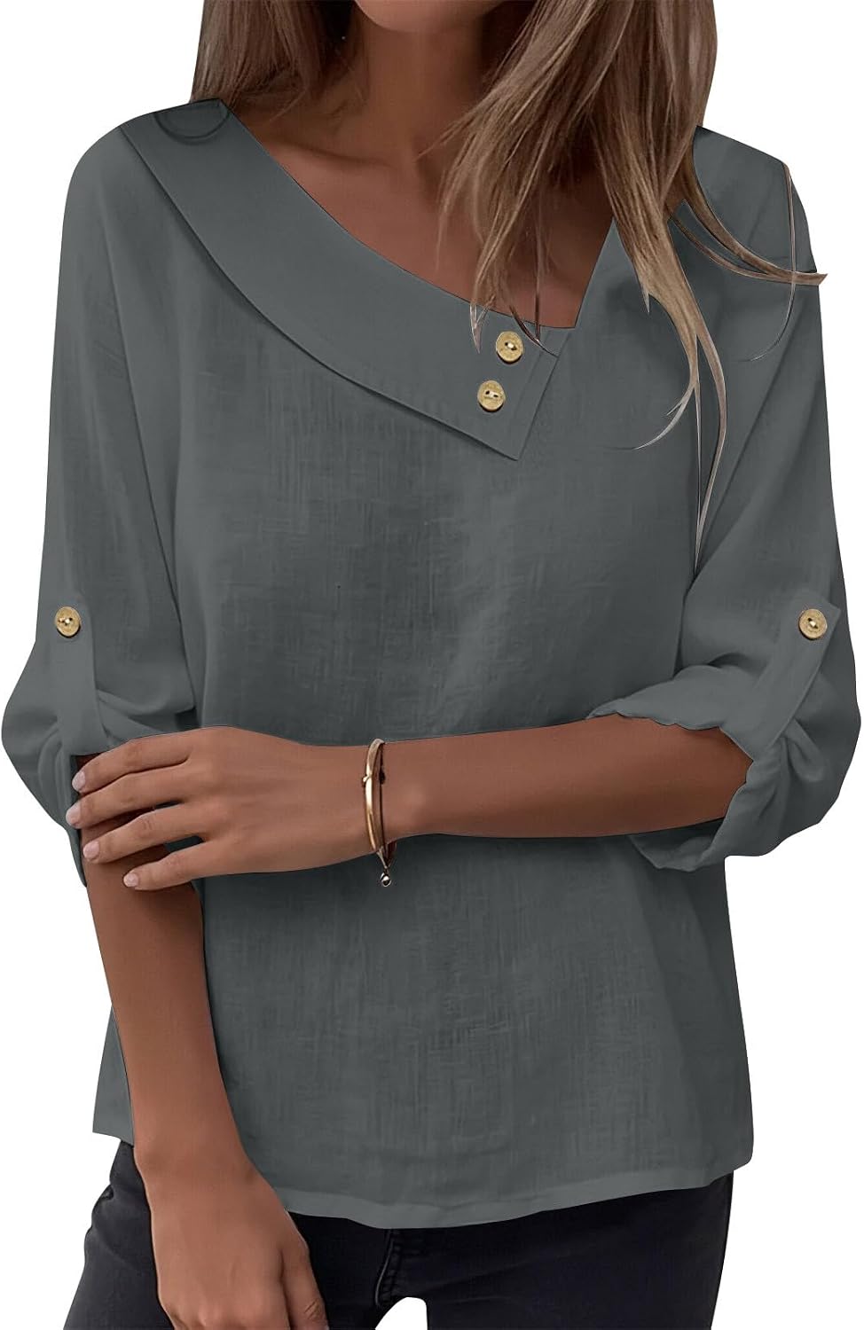 Womens Lace Trim Cotton Linen Top - Casual Round Neck 3/4 Sleeve Blouses, Solid Pullover for Spring and Summer