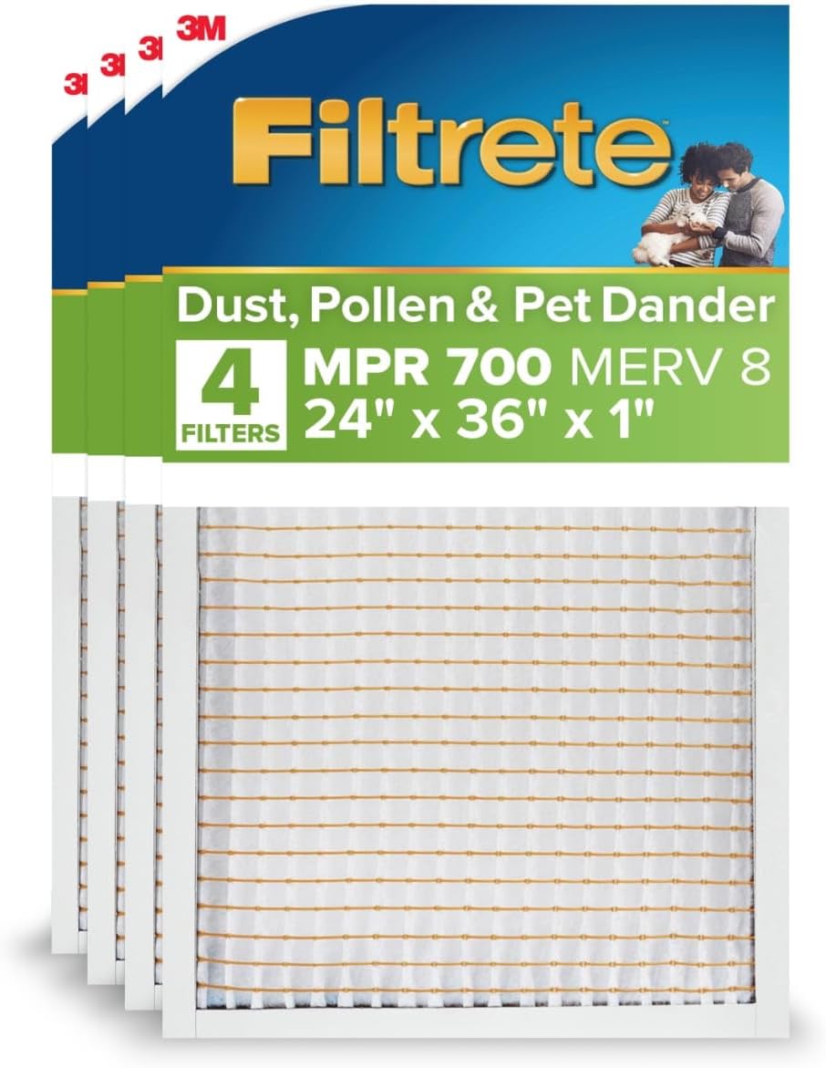 Filtrete 24x36x1 AC Furnace Air Filter, MERV 8, MPR 700, Tough on Pollen, Easy on Airflow, 3-Month Pleated 1-Inch Electrostatic Air Cleaning Filter, 4-Pack (Actual Size 23.81 x 35.81 x 0.65 in)
