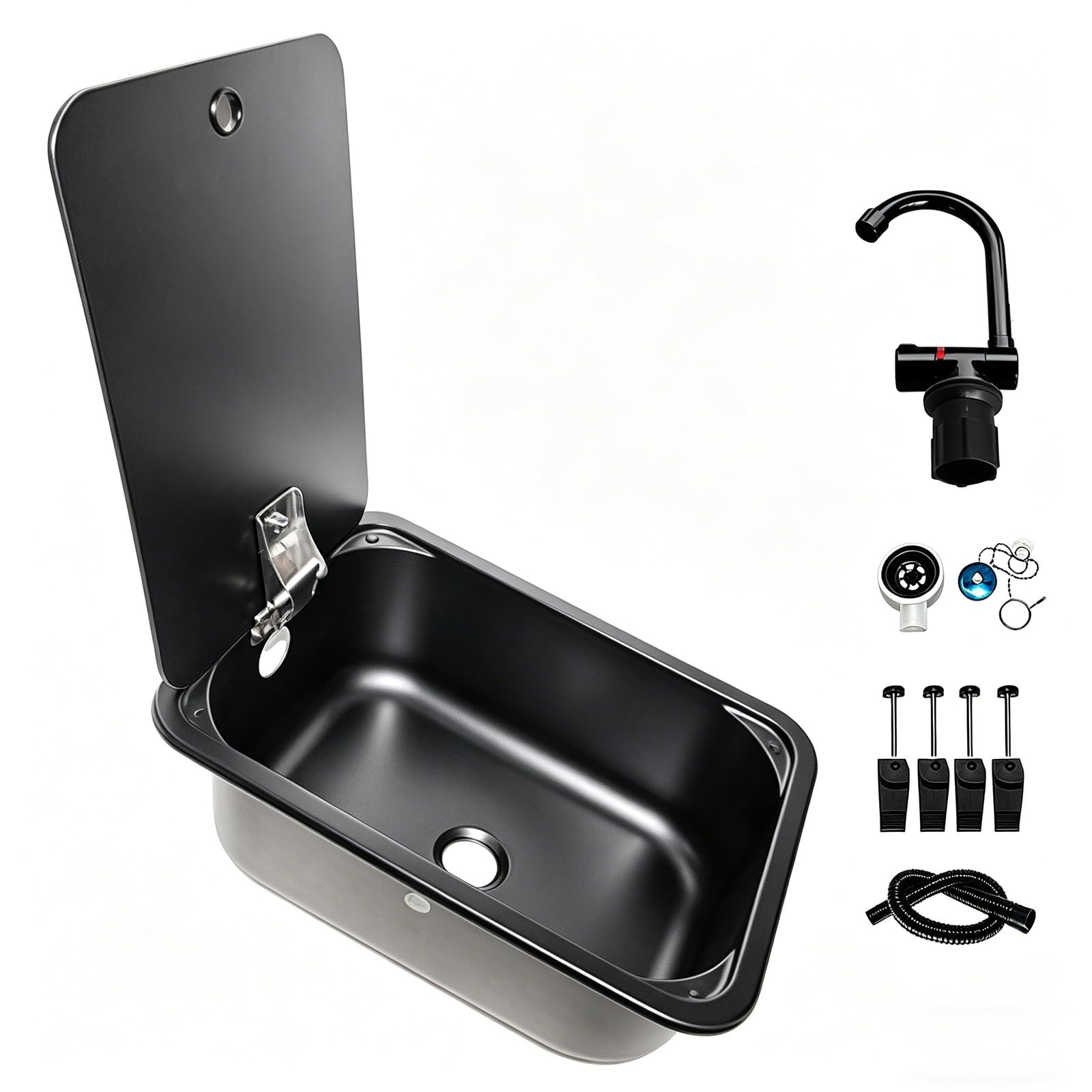 Fregadero Camper, Fregadero Cocina Pequeño de Acero Inoxidable 304 con Grifo Plegable y Placa de Cubierta, Apto para Vehículos Recreativos, Yates y Bares(Black,277x380x145mm)