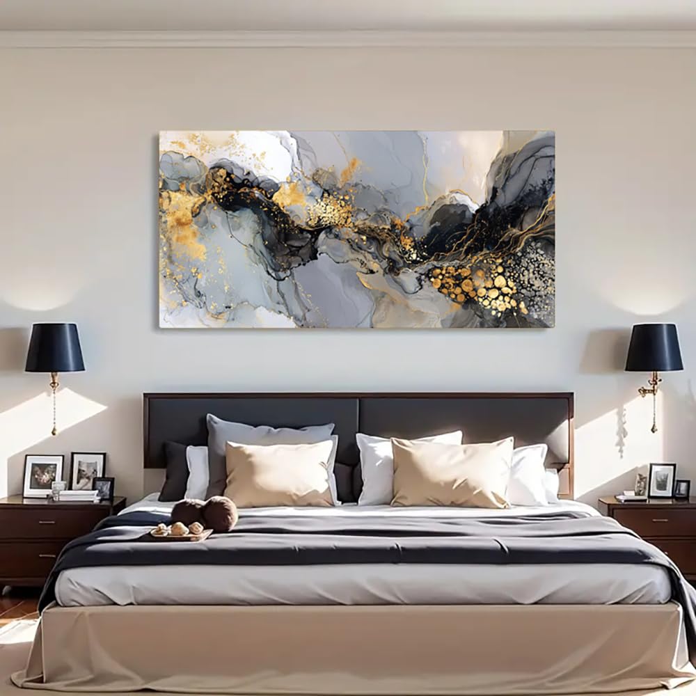 Cuadro de lujo en lienzo dorado, láminas abstractas con olas, arte mural moderno para el hogar, póster de arte clásico para sala de estar (35x70cm/marco interno)