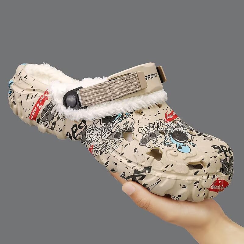 Image of Men's Printed Fuzzy Lined Clogs Winter Slip On Shoes | Warm Plush Lined Clog Shoes with Graphic Design, Lightweight Closed Toe Casual Footwear for Indoor Outdoor Wear