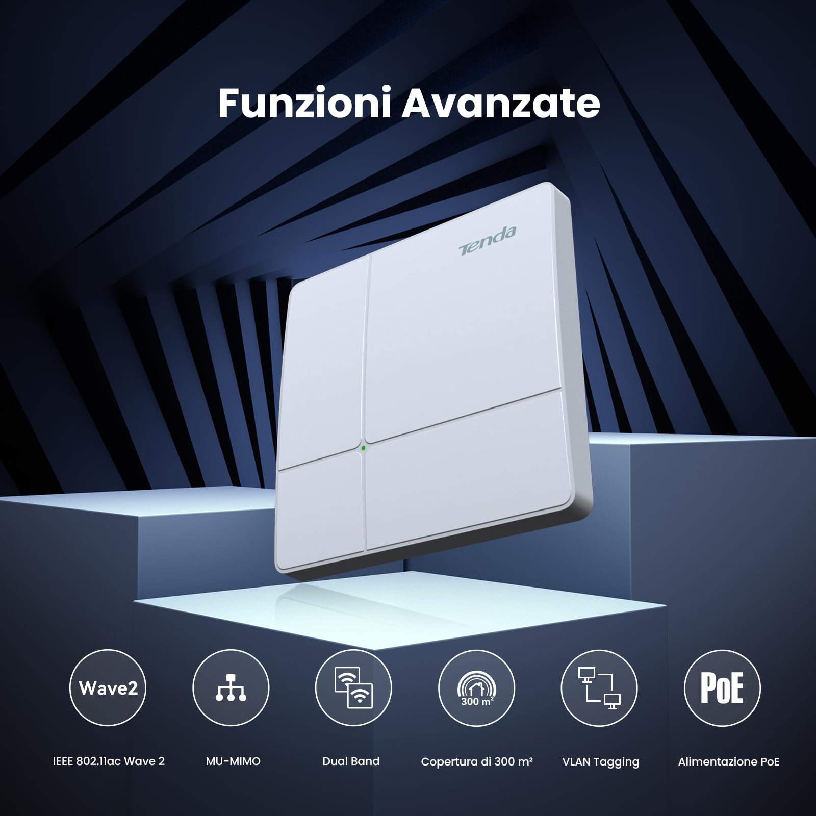 Tenda I24 AC1200 Wireless Access Point (802.11ac Dual Band, 1 Porta Gigabit, Gestibile tramite APP/Interfaccia Web, Alimentato tramite PoE+ 802.3at, Include Alimentatore) Bianco