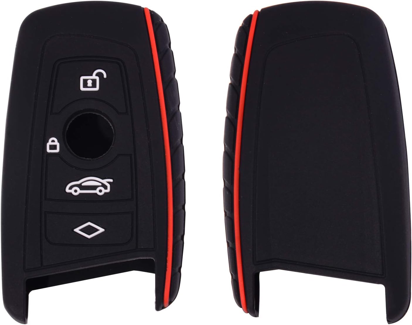 Compatible with BMW Trapezoid Style Key FOB Silicone Case Cover Protector Holder -3 Buttons and Wrist Strap - Please Double Check Your Key Configuration and Shape (Black and Red) image 2