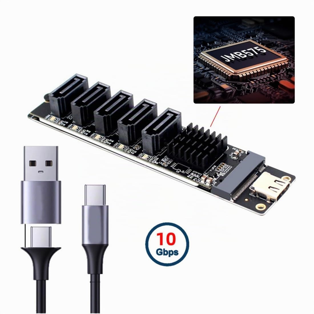 chenyang USB 3.1 Gen 2 a 5 SATA 3.0 Port Multiplier Extension Card Adapter per scheda madre SATA Hard Drive Port Extension con chipset JMB575 JMS580