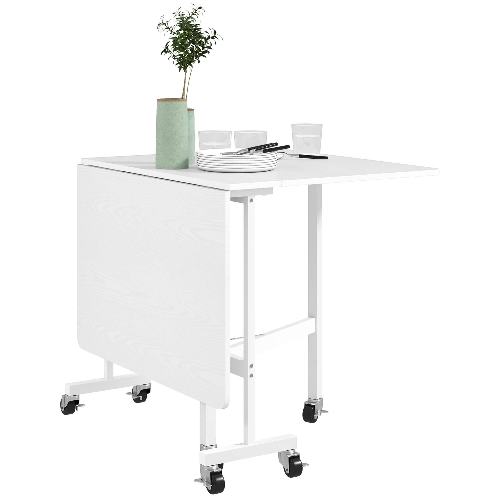 HOMCOM Mesa Plegable de Comedor para 4-6 Personas Mesa de Comedor Plegable con Ruedas y Alas Abatibles Mesa Abatible para Cocina Salón 120x80x73 cm Blanco