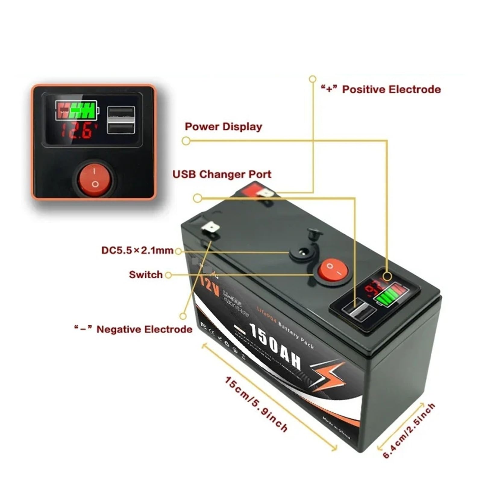 Batteria al litio LiFeP04 da 12 V e 150 Ah con BMS integrato for applicazioni di ricarica solare, fishfinder, campeggio, nautica, all'aperto, fuori rete, con porta USB(100Ah)