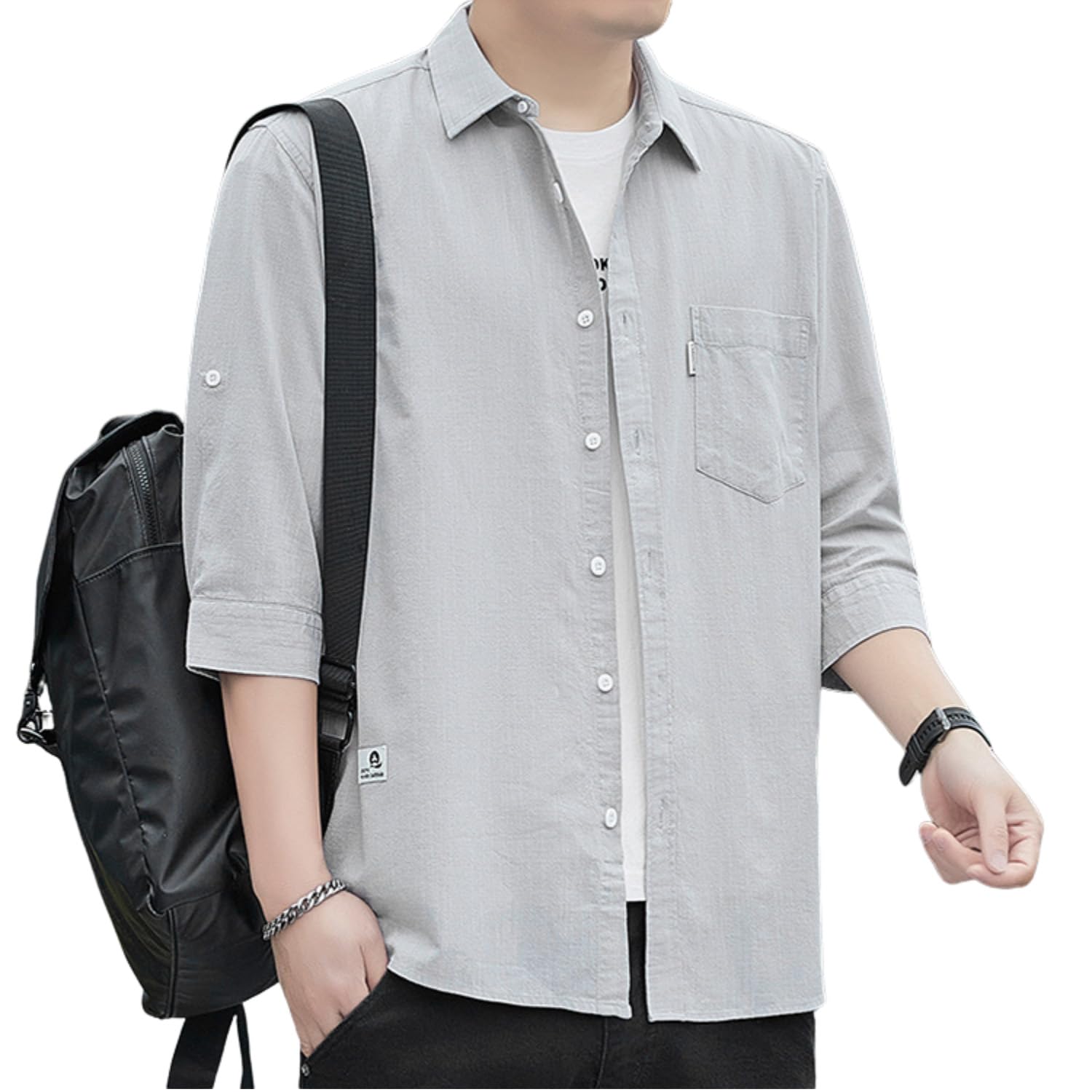 [merhee] 夏服 メンズ 七分袖 シャツ 綿 100% 大きい サイズ ゆったり 吸汗 通気性 快適 ファッション おしゃれ カジュアル かっこいい ワークスタイル 胸ポケット付き 夏用 日常着 grey-3XL