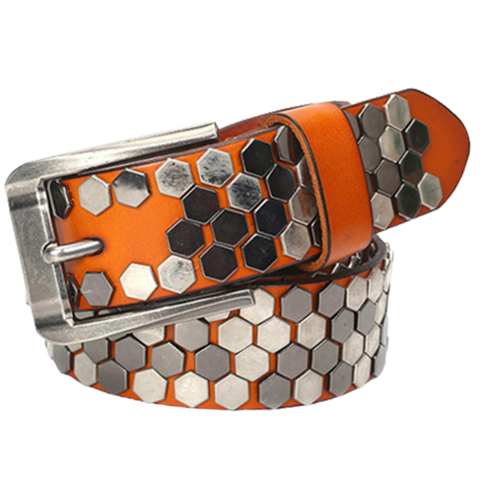 Ceinture en Cuir à Rivets Tendance Motif Clouté Style Punk Rock Boucle à Griffes Réglable Ceinture Décontractée(120cm/waist:41", Orange)
