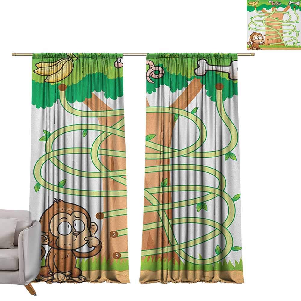 54" W x 63" L Rod Pocket Curtains for Room Darkening Panels for Living Room Bedroom Kids Activity,Curious Monkey Trying to Reach the Banana Maze Design Pathway Funky Forest Multicolor