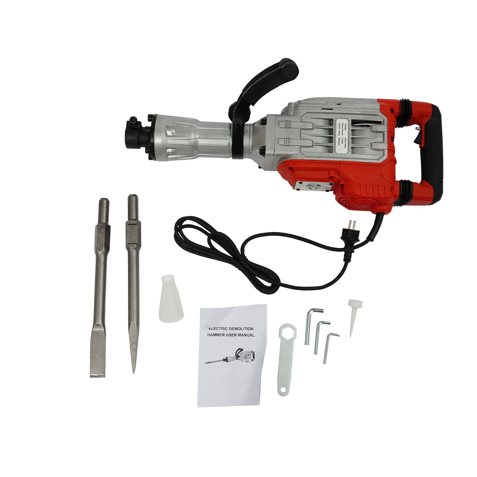 Martillo de demolición, martillo de percusión, martillo de 1700 W, 60 J, martillo neumático con 1900 bpm, motor de cobre, mango de 360°, para demolición de concreto, piedra y pared