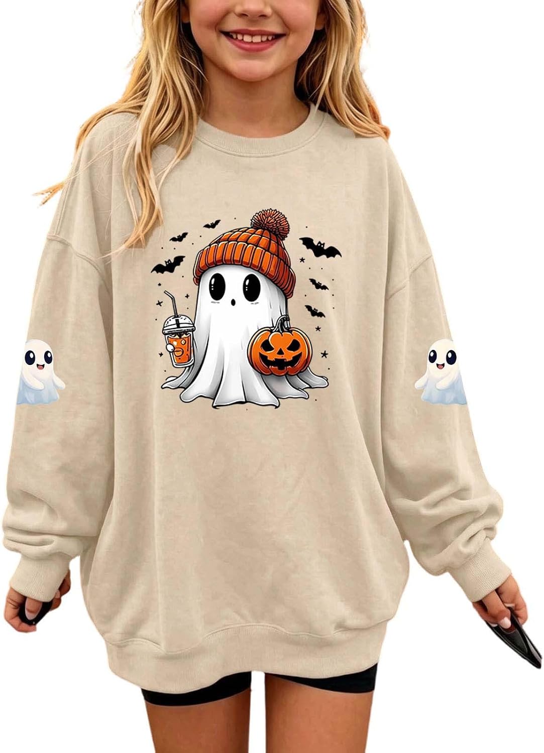 Kids Cute Ghost Beanie Drink Pumpkin Halloween Sweatshirt Pullover