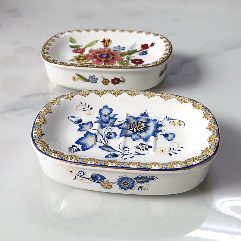Self Draining Soap Dish, Double-layer Bar Soap Tray, White Ceramic Soap Dish with Elegant Patterns (Style D) - Image 2