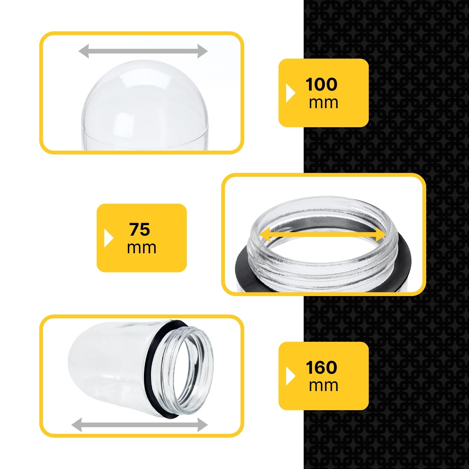 Vetro di ricambio per paralume trasparente con guarnizione, vetro filettato monocolore Ø100 mm, filettatura 80 mm H160 mm 60 W per esterni