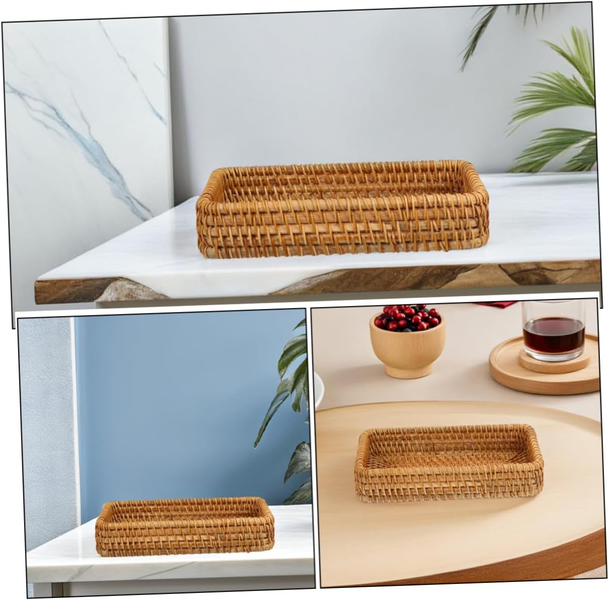 SHOWERORO 2pcs Natural Rattan Bread Serving Basket 8.25x4.32 Inch Handmade Woven Storage Basket for Kitchen Counter Desktop Organizer