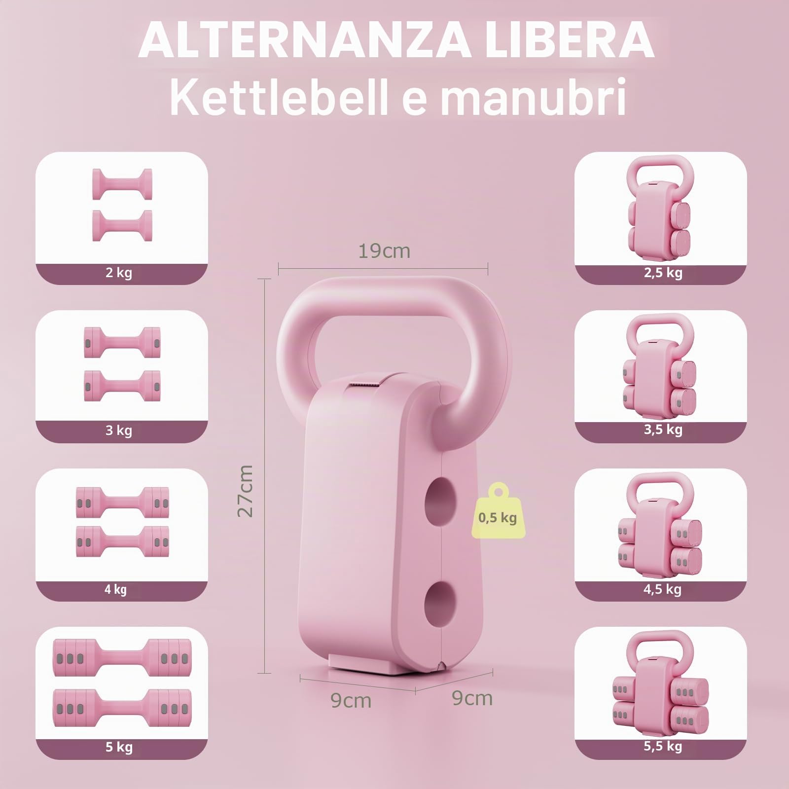 Set di 2 manubri regolabili 2 in 1, per donne e uomini, 4 livelli di peso con adattatore kettlebell, set di manubri per casa (Rosa)