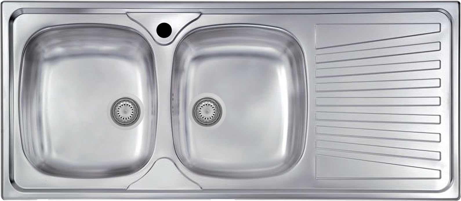 Lavello cucina Monica acciaio inox 116 x 50 cm 2 vasche stampate sinistre e gocciolatoio Made in Italy