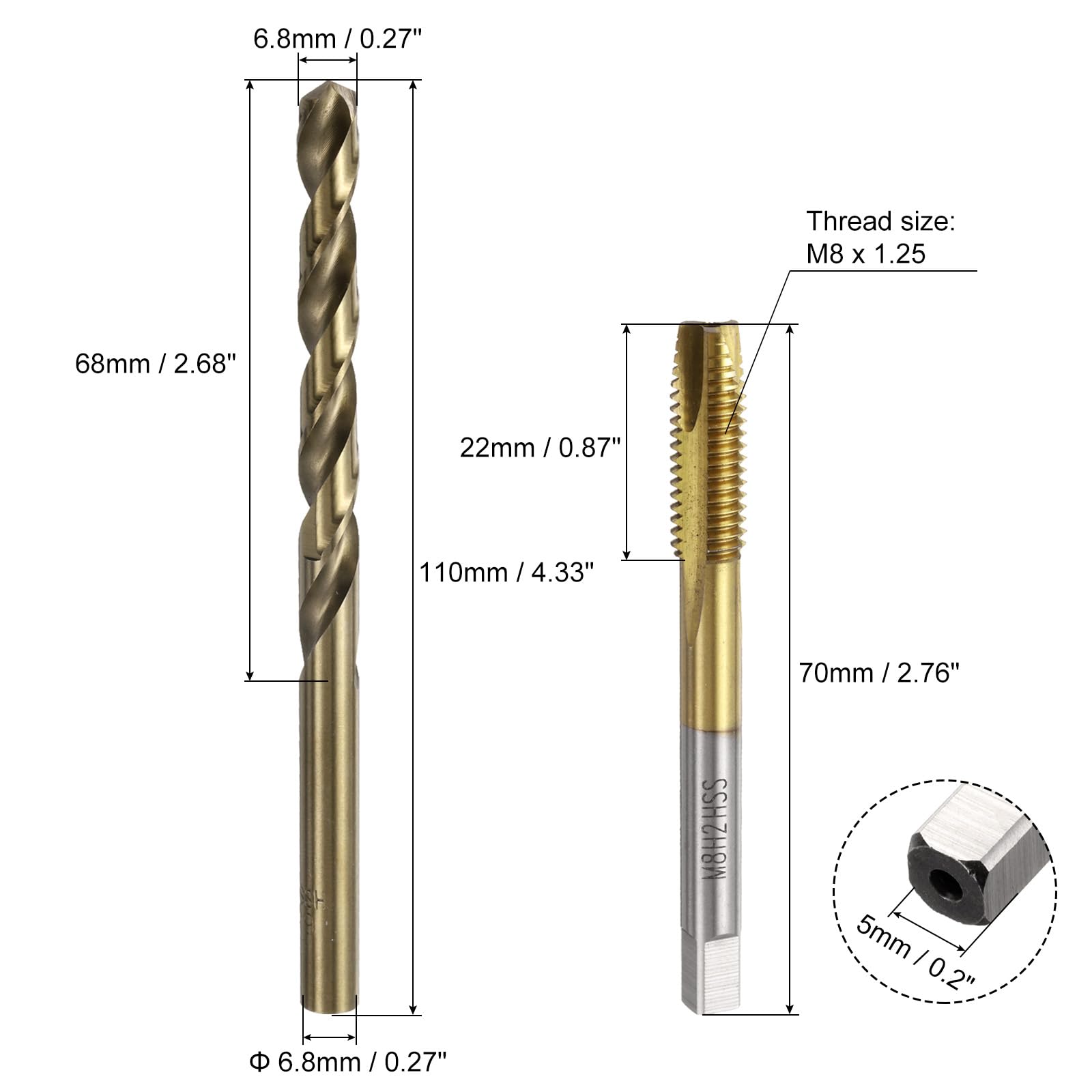 Zestaw gwintowników i wierteł metrycznych, 2 szt. gwintowników spiralnych M8 x 1,25 powlekanych tytanem i 2 szt. wierteł krętych 6,8 mm w kolorze żółtym, narzędzia do gwintowania śrub