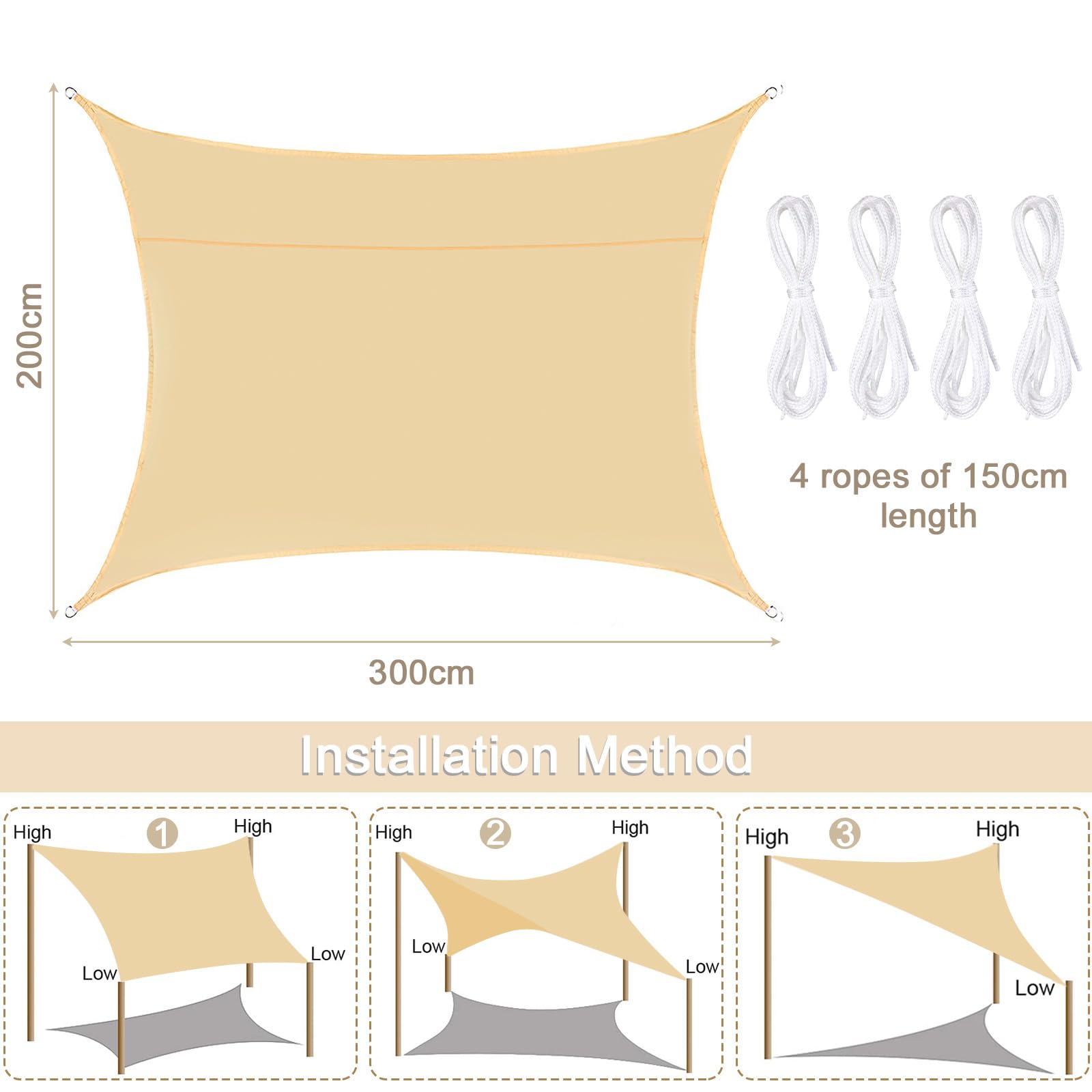 Toldo Vela de Sombra Rectangular 2x3m Protección UV, Toldo con Protección Solar,Toldode Vela Solar para Jardín Oxford a Prueba de Impermeable para Exteriores Patio Terraza Balcón,Beige - 3