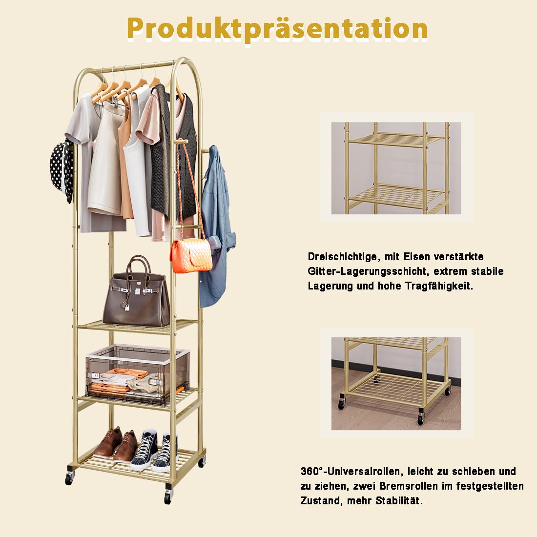 Perchero con ruedas y estantes metálicos de 3 niveles, para colgar ropa con 4 ganchos, organizador para habitación pequeña, color dorado
