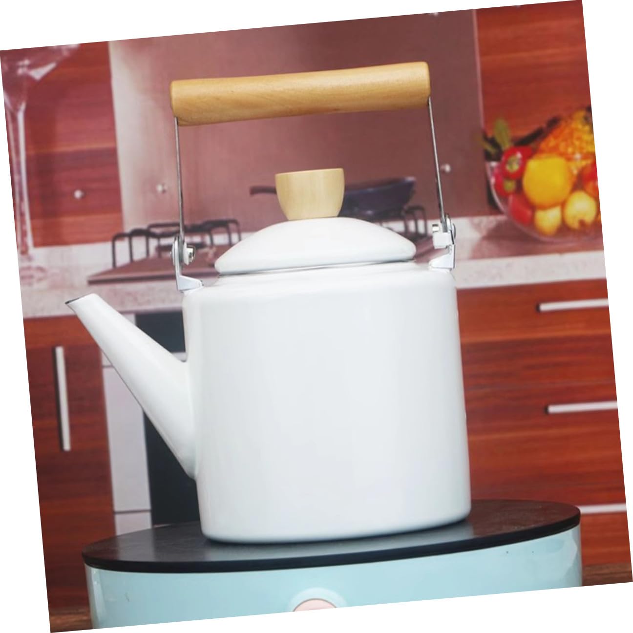 Tetera Esmaltada de 2,4 L Mango de Madera, Color Blanco