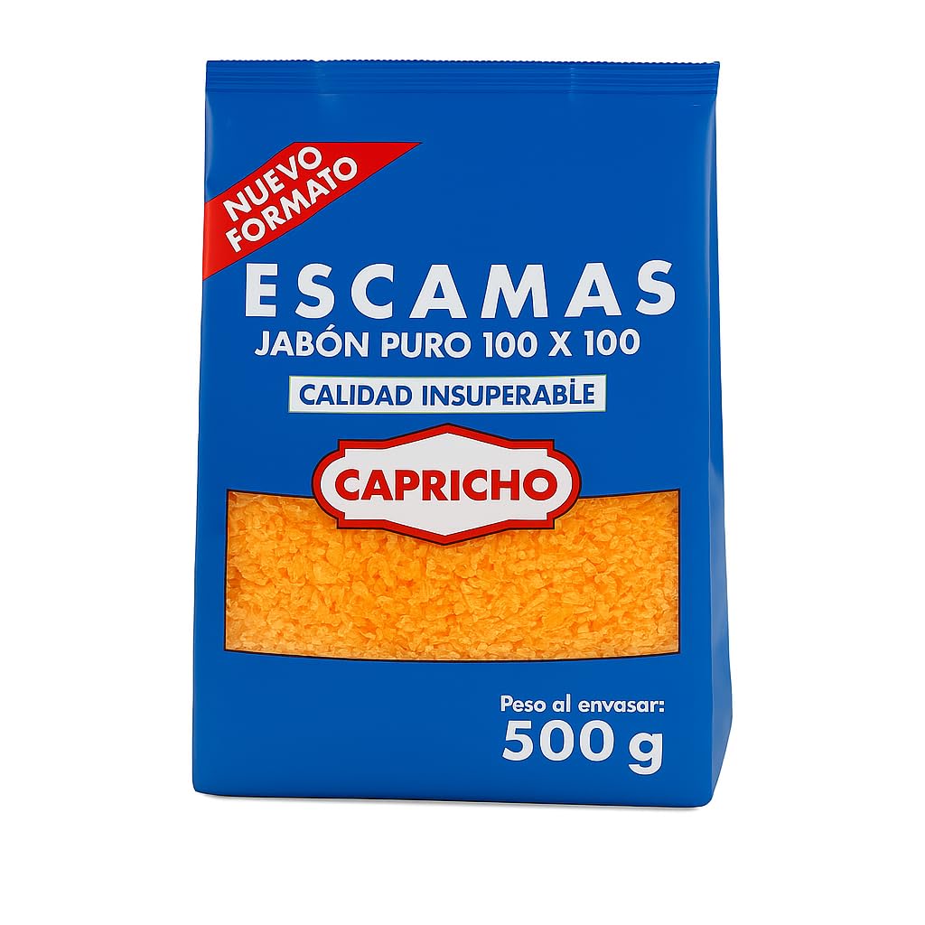 Capricho Escamas de Jabón Natural 100 % Puro 500 g, Jabón en Escamas para Ropa, Suelos y Loza, Uso Doméstico a Mano y en Lavadora