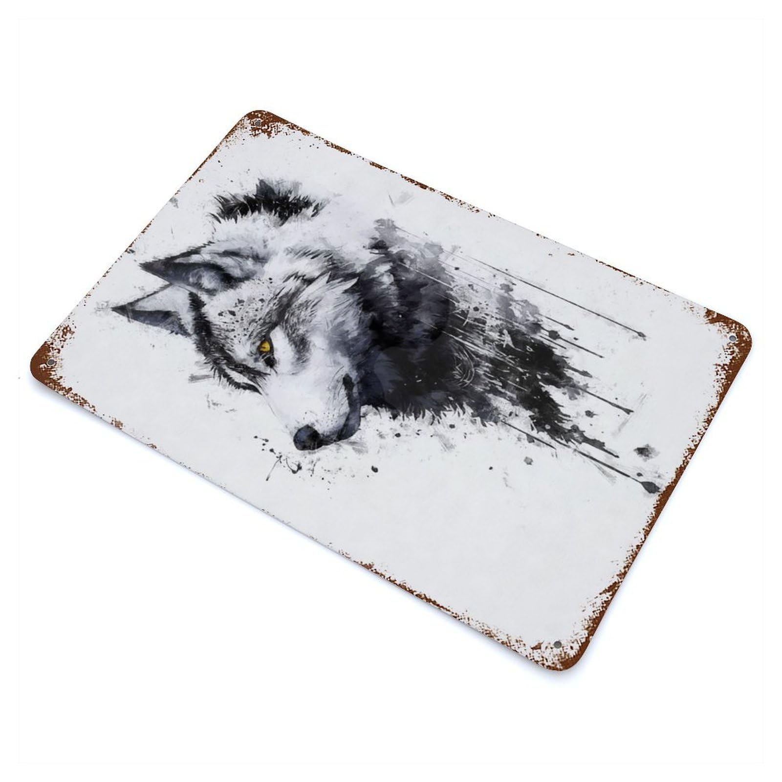 Ink Wolf Rust Effect Tin Sign 11.8"x7.9", Industrial Home Decor for Bistro, Counter And Cafe Decor