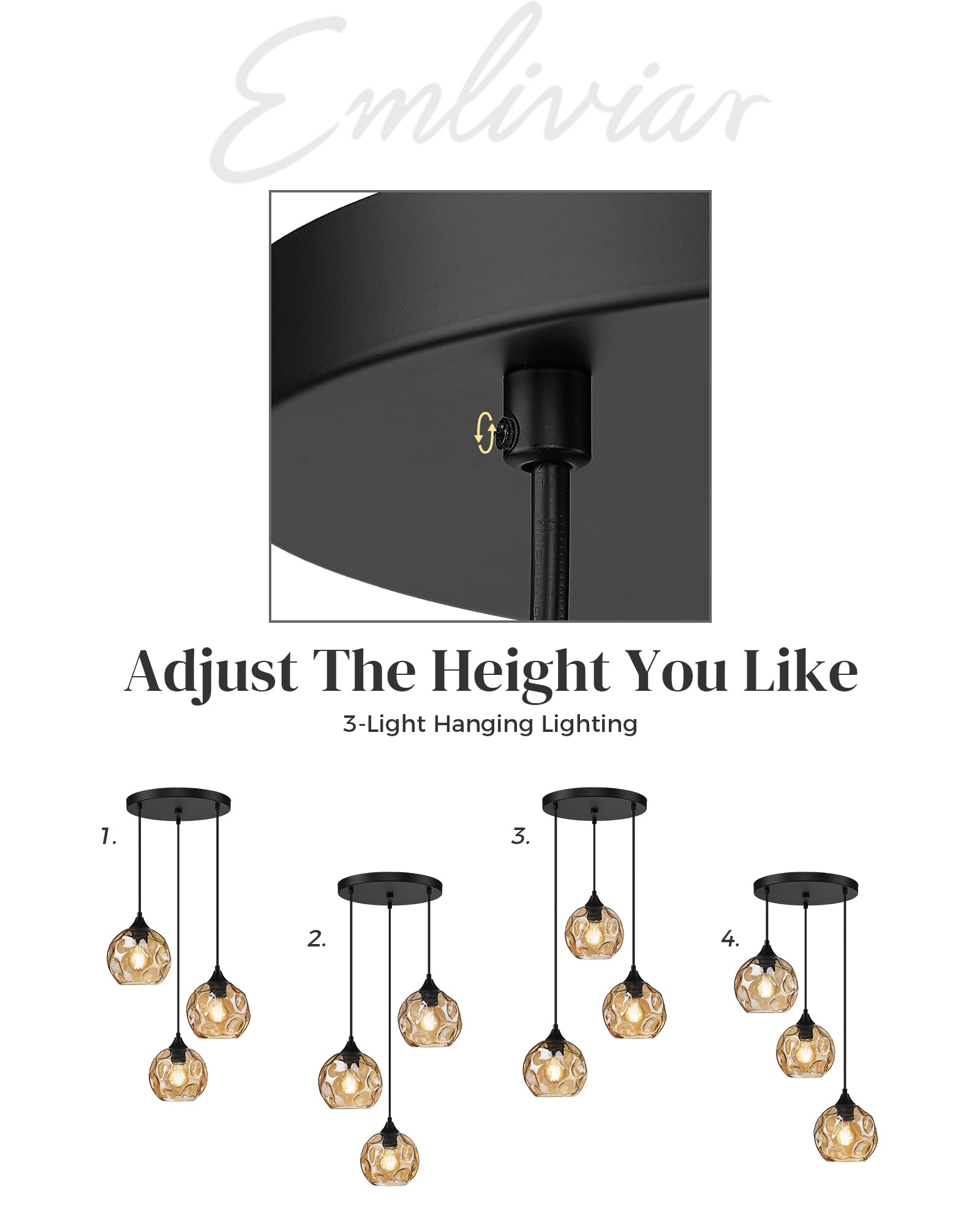 Lámpara colgante de 3 luces con cristal martillado, iluminación colgante lineal para comedor en acabado ámbar, DYE287G2-3 BK 3